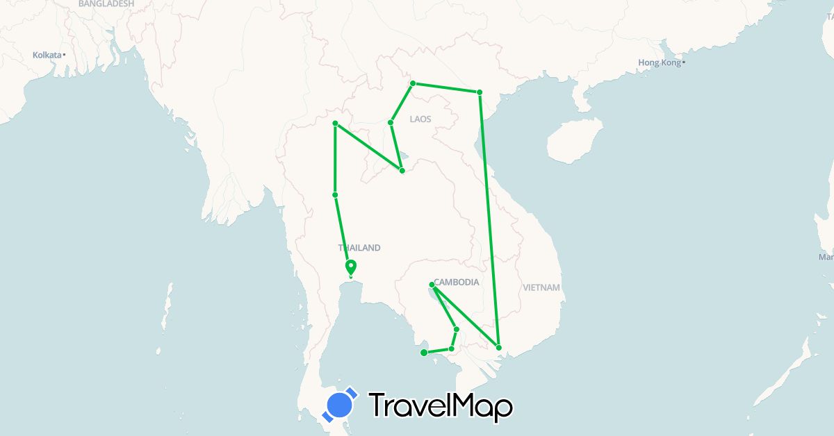 TravelMap itinerary: driving, bus in Cambodia, Laos, Thailand, Vietnam (Asia)